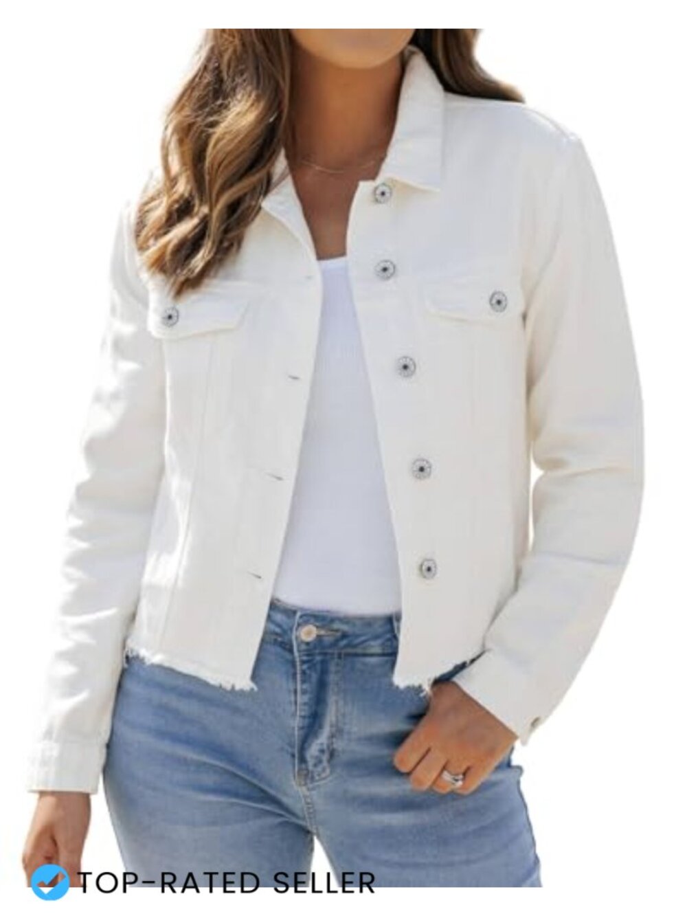 Womens Distressed Frayed Hem Denim Trucker Jacket Button Down Long Sleeve with